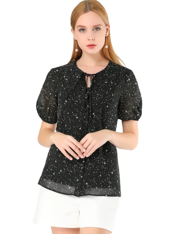Women's Point Collar Keyhole Button Front Chiffon Bow Tie Star Blouse sold by Allegra K