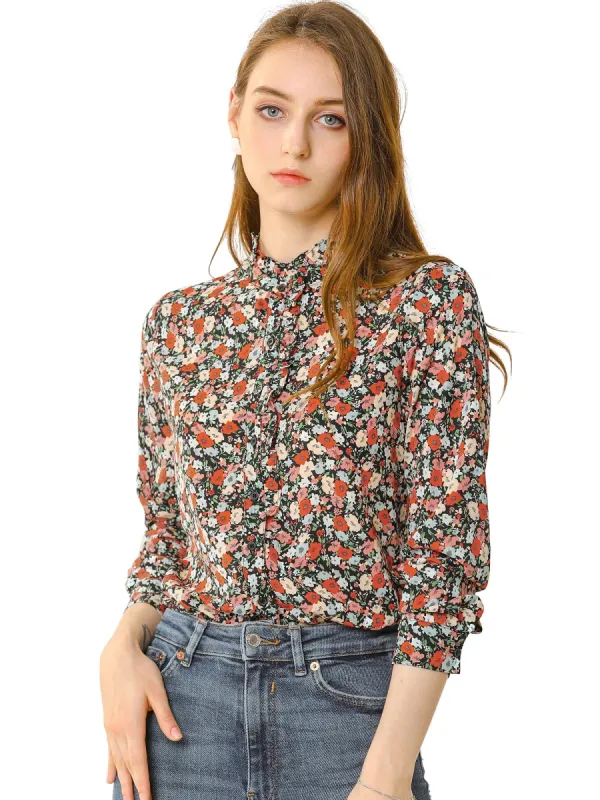 Women's Floral Button Up Ruffle Stand Collar Long Sleeve Shirt sold by Allegra K