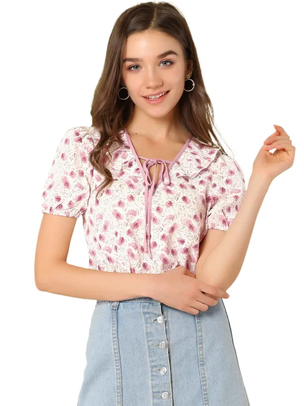 Women's Floral Ruffle Tie Neck Elastic Cuff Casual Blouse Top sold by Allegra K