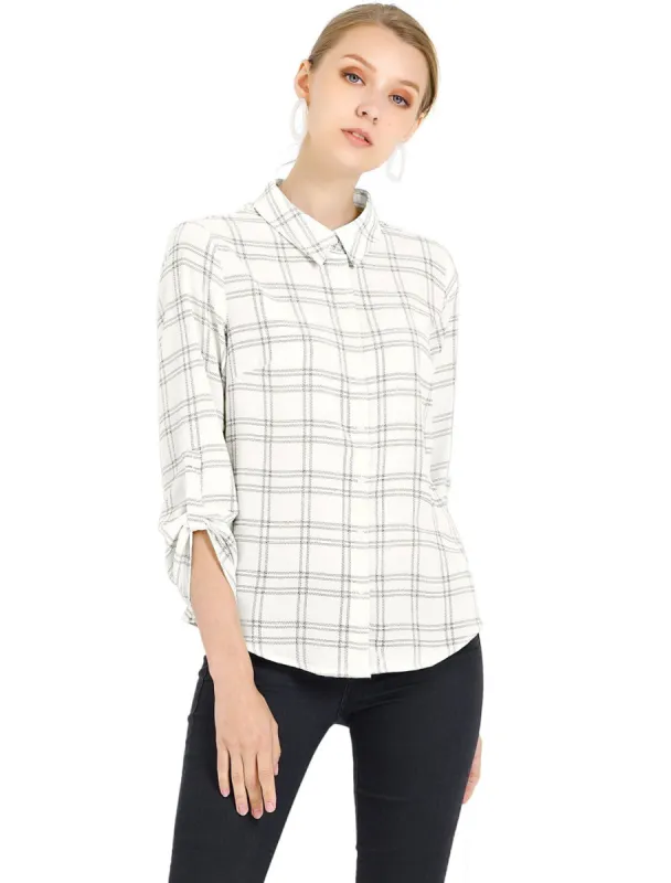 Women's Roll Up Long Sleeves Button Down Work Plaid Shirt made by Allegra K