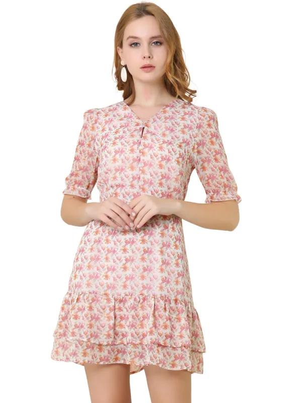 Women's Casual Floral V Neck Keyhole Back A-Line Ruffle Dress sold by Allegra K