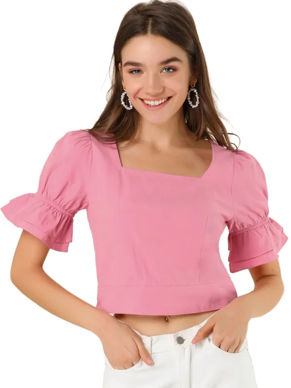Women's Square Neck Crop Tops Ruffle Puff Short Sleeve Tie Back Summer Blouses made by Allegra K