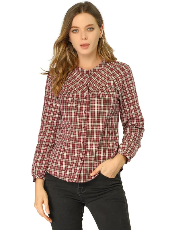 Women's Tartan Check Button Down Puff Sleeves Plaid Collarless Shirt Top sold by Allegra K