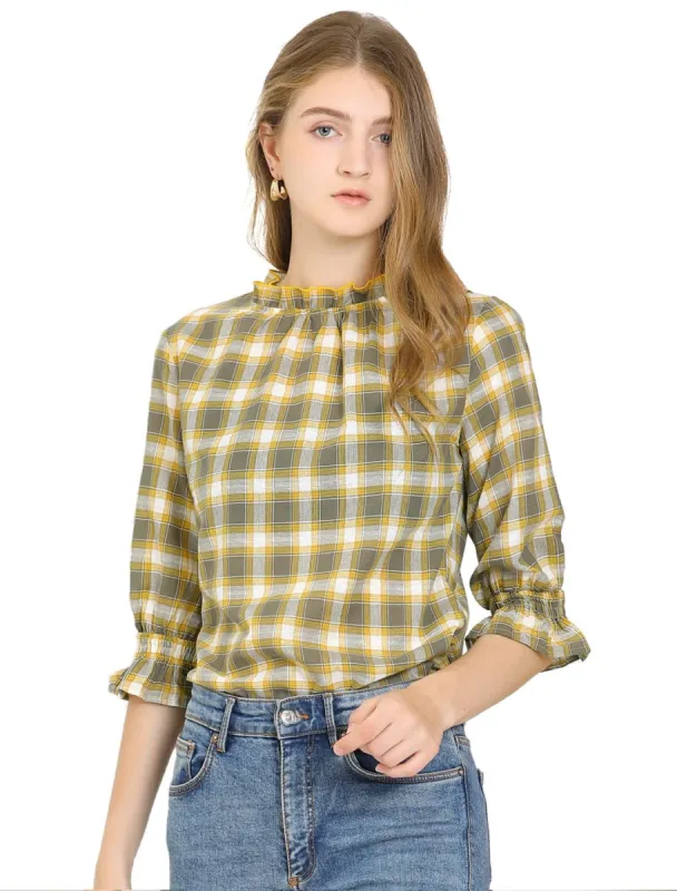 Women's Vintage Check Ruffle Neck 3/4 Bell Sleeve Plaid Blouse Top sold by Allegra K