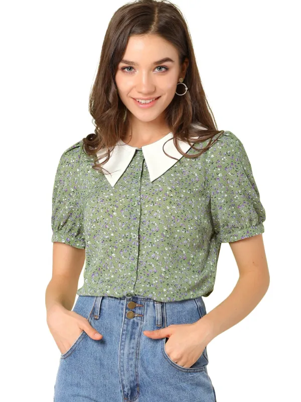 Women's Turndown Collar Bubble Sleeves Button Up Floral Top Blouse sold by Allegra K