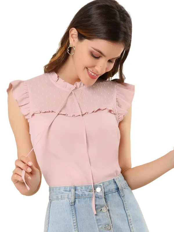 Women's Cap Sleeve Blouses Chiffon Ruffle Stand Collar Tie Summer Shirt Tops sold by Allegra K