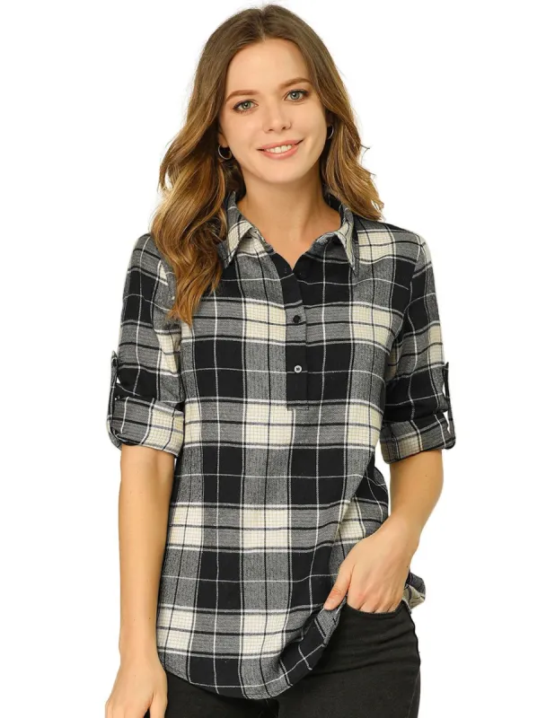 Women's Roll Up Sleeve Collar Half Placket Plaid Tunic Shirt sold by Allegra K