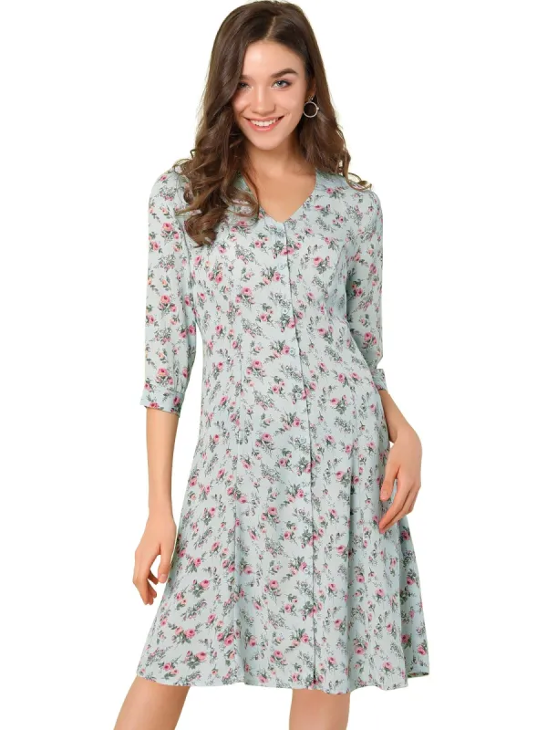 Women's Floral Vintage V Neck 3/4 Sleeves Flare Button Front Dress sold by Allegra K