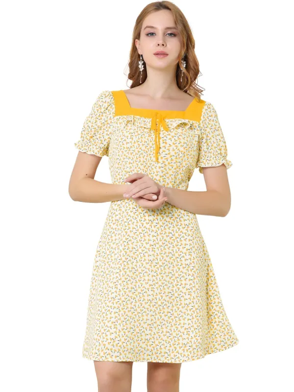 Women's Summer Floral Self Tie Square Neck Short Sleeve A-Line Dress sold by Allegra K
