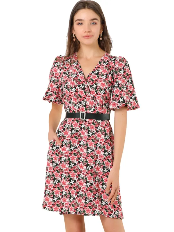 Women's Casual Puff Sleeve V Neck A Line Floral Dress with Belt sold by Allegra K