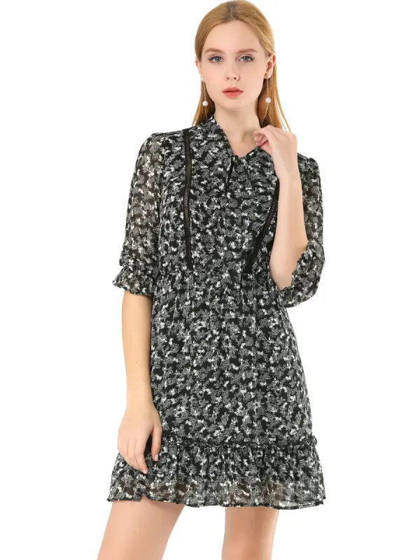Women's Tie Neck Ruffle Hem Ruffle Cuff A-Line Fit and Flare Floral Dress sold by Allegra K