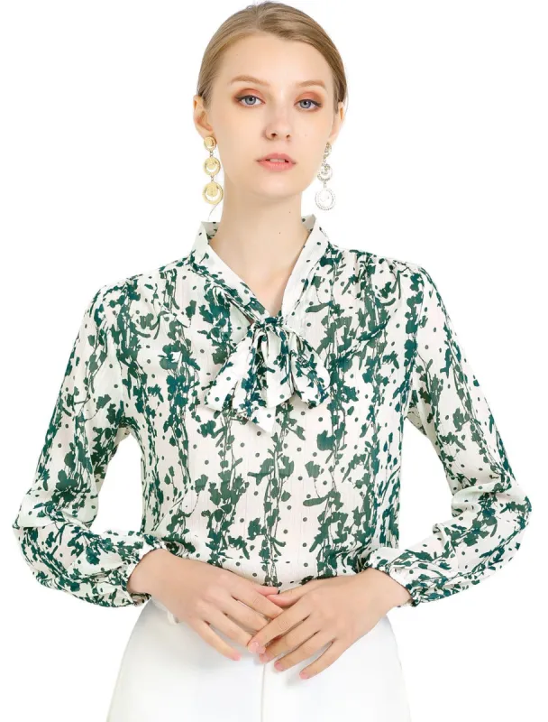 Women's Tie Neck Floral Printed Bishop Sleeve Elegant Work Top Blouse sold by Allegra K