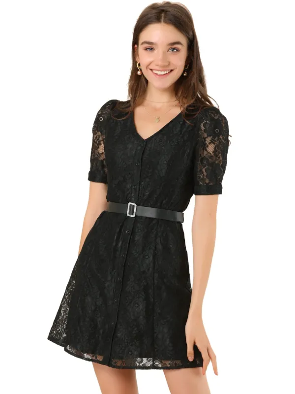 Women's Lace Puff Sleeve V Neck Belted Vintage Button Down Dress sold by Allegra K