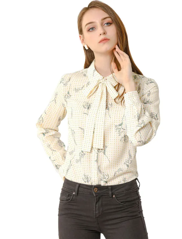 Women's Floral Dots Printed Tie Neck Blouse Casual Office Shirt sold by Allegra K