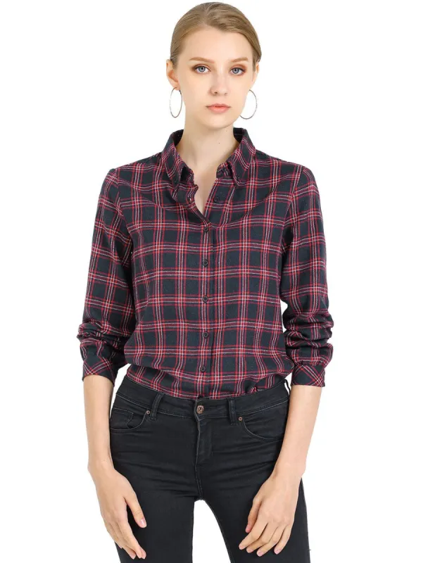Women's Plaid Button Down Turndown Collar Relaxed Long Sleeve Shirt sold by Allegra K