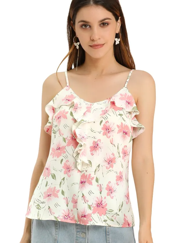 Women's Spaghetti Strap Sweet Ruffle Floral Cami Top sold by Allegra K
