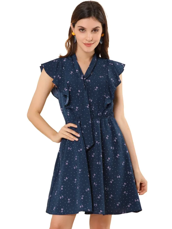 Women's Ruffle Sleeve Polka Dots Dresses Tie Neck Summer A Line Dress made by Allegra K