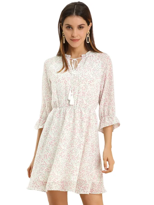 Women's Tassel Tie Neck 3/4 Ruffle Sleeve Floral Chiffon A-Line Mini Dress sold by Allegra K