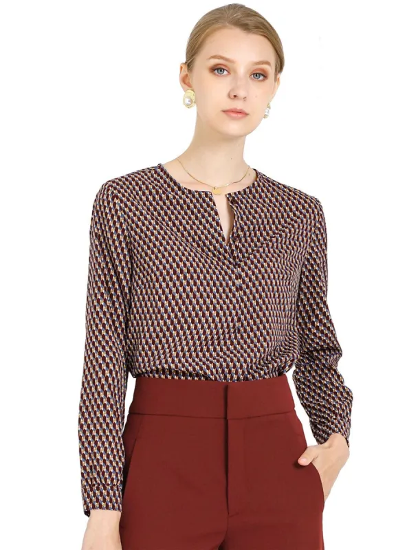 Women's Geometric Print Round Neck Top Concealed Placket Work Blouse sold by Allegra K