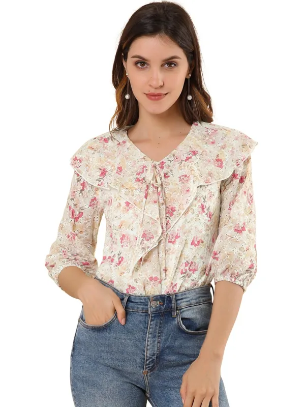 Women's Floral Embroidery Ruffled Tie Neck Elbow Sleeve Blouse sold by Allegra K