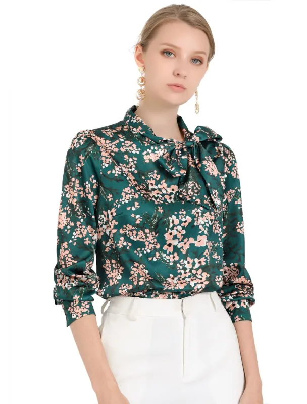 Women's Bow Tie Neck Puff Sleeve Blouse Floral Ruffle Elegant Work Top sold by Allegra K