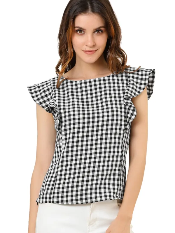 Women's Plaid Shirt Flutter Sleeve Boat Neck Ruffle Work Office Blouse sold by Allegra K