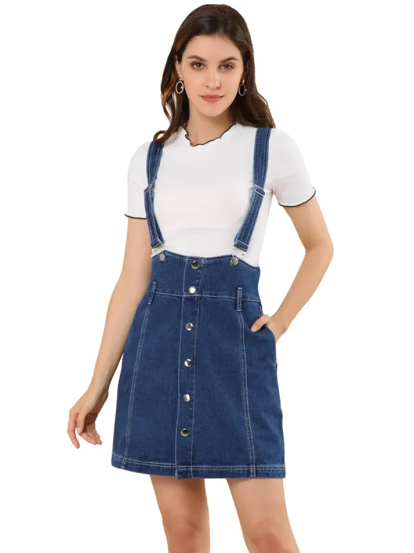 Women's Casual Button Front High Waist Overall Denim Skirt Suspender Dress made by Allegra K