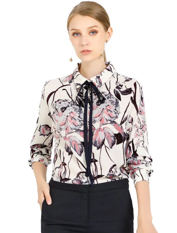 Women's Floral Button Down Long Sleeves Tie Neck Work Office Shirt Blouse sold by Allegra K