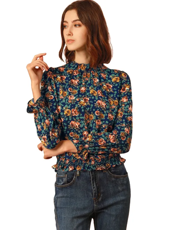Women's Smocked Waist Ruffled Hem Stand Collar Floral Dots Blouse sold by Allegra K