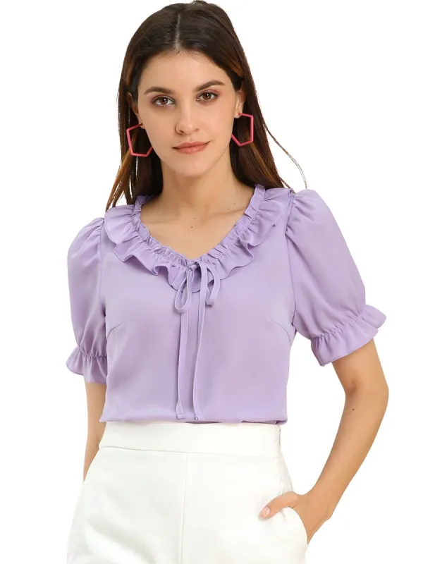 Women's Tie V Neck Ruffle Neck Top Puff Sleeve Ruffle Cuff Casual Blouse sold by Allegra K