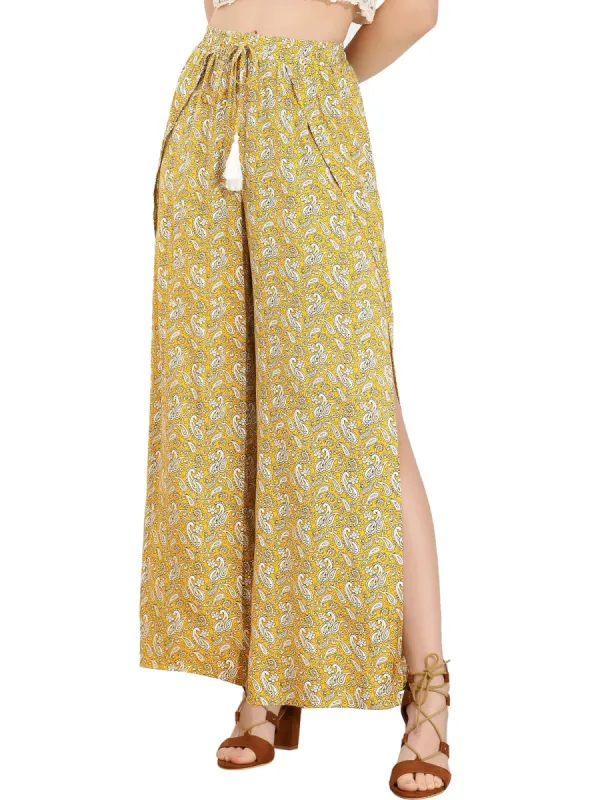 Women's Boho High Split Elastic Waist Tassel Drawstring Printed Wide Leg Pants sold by Allegra K