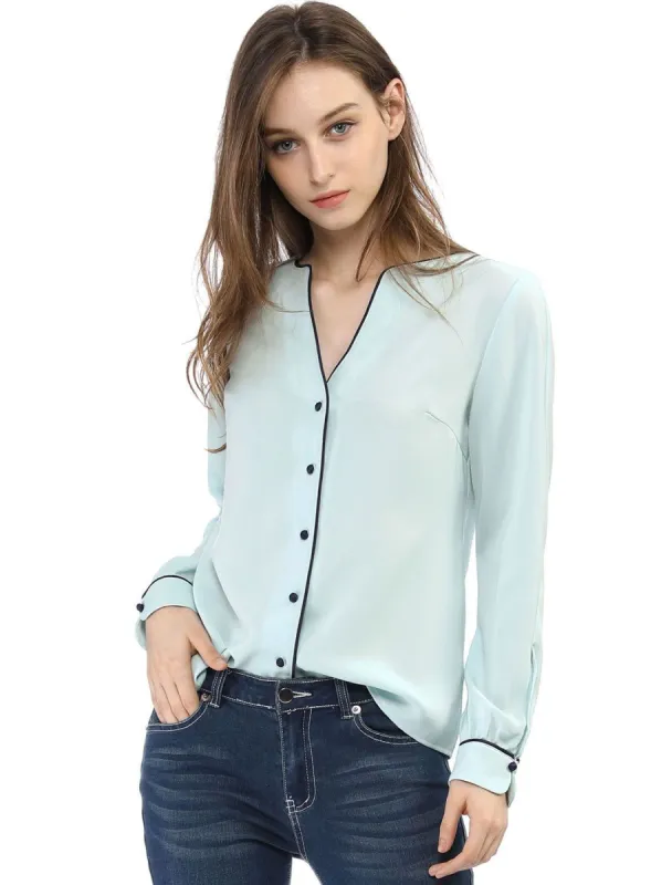 Allegra K Button Down Contrast Trim V Neck Long Sleeves Blouse sold by Allegra K