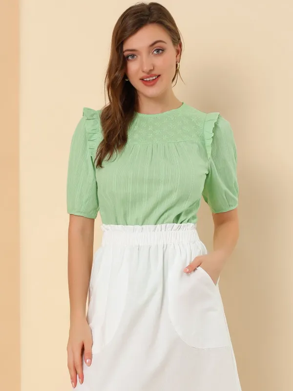 Allegra K Women's Cotton Frilled Blouses Solid Round Neck Short Sleeve Shirt Top sold by Allegra K