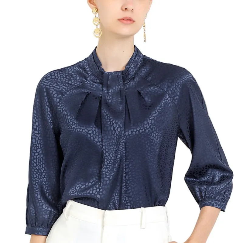 Women's Elegant Satin 3/4 Sleeve Blouse Pleated High Collar Work Top sold by Allegra K