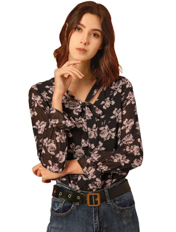 Women's Floral Bow Tie Neck Long Sleeve Choker Chiffon Blouse Top sold by Allegra K