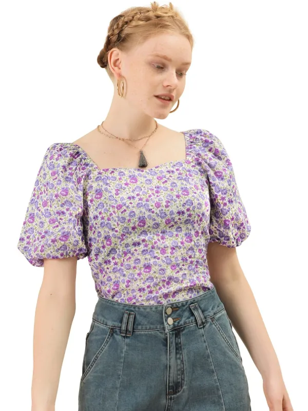 Women¡®s Prairie Puff Sleeve Sweetheart Neck Peasant Smocked Floral Tops sold by Allegra K