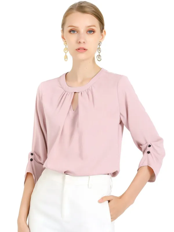 Women's Round Neck Keyhole Pleated Shirred 3/4 Sleeve Work Top sold by Allegra K