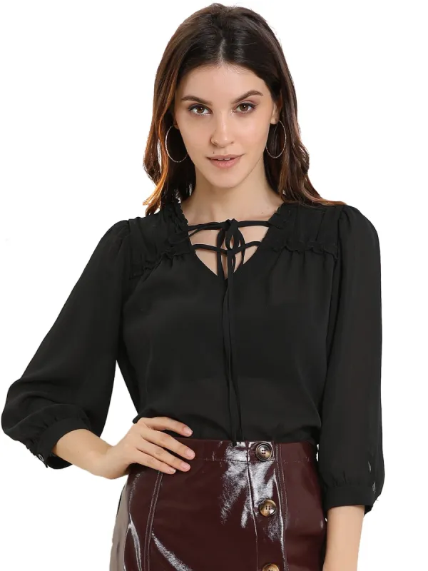 Women's Semi-Sheer Tie Neck 3/4 Sleeve Ruffle Yoke Summer Casual Blouse Top sold by Allegra K