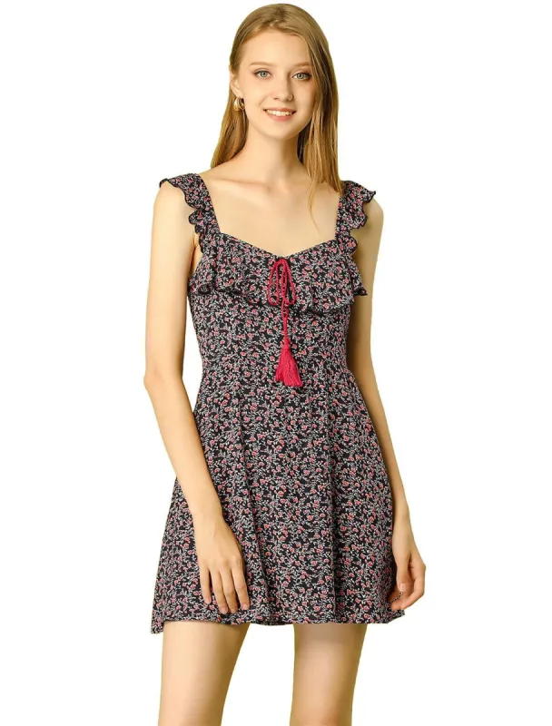 Women's Summer Floral Printed Tassels Tie Neck A-Line Ruffle Spaghetti Strap Mini Dress sold by Allegra K