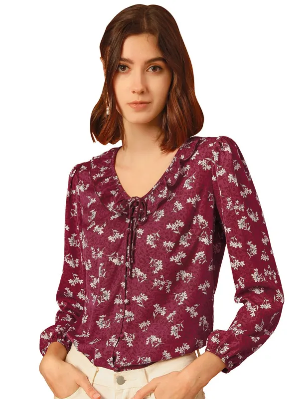 Women's Vintage Floral Tie V Neck Ruffle Fall Blouse Top sold by Allegra K
