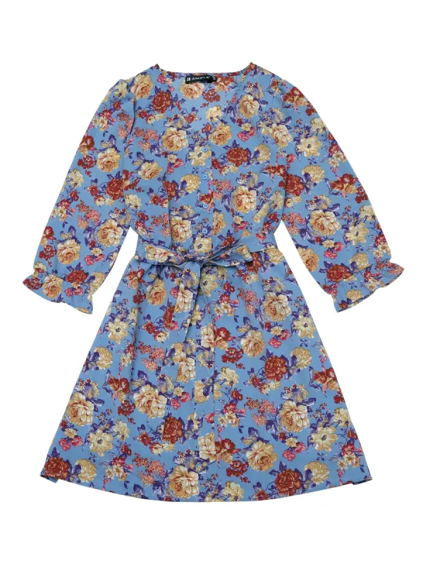 Women's Floral Belted V Neck Half Placket Smocked Ruffle Cuff Dress sold by Allegra K