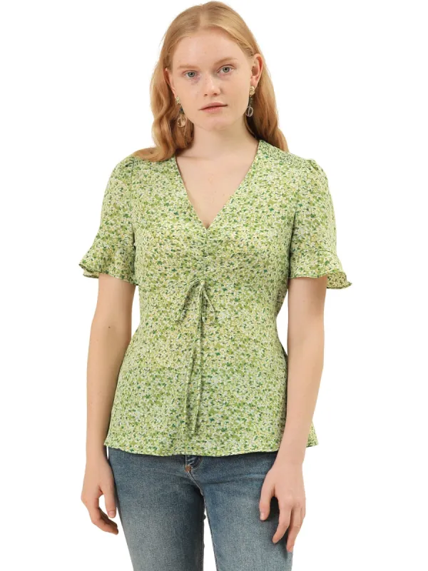 Women's  Ditsy Floral V Neck Ruffle Summer Ruched Chiffon Peasant Top Blouses sold by Allegra K