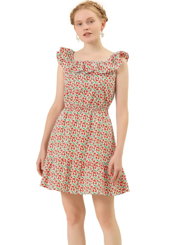 Women's Square Neck Cotton Dress Ruffle Fruits Print Summer Sleeveless Dress sold by Allegra K