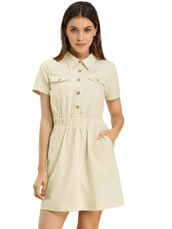 Women's Short Sleeve Elastic Waist Pocket Point Collar Button Mini Cotton Dress sold by Allegra K