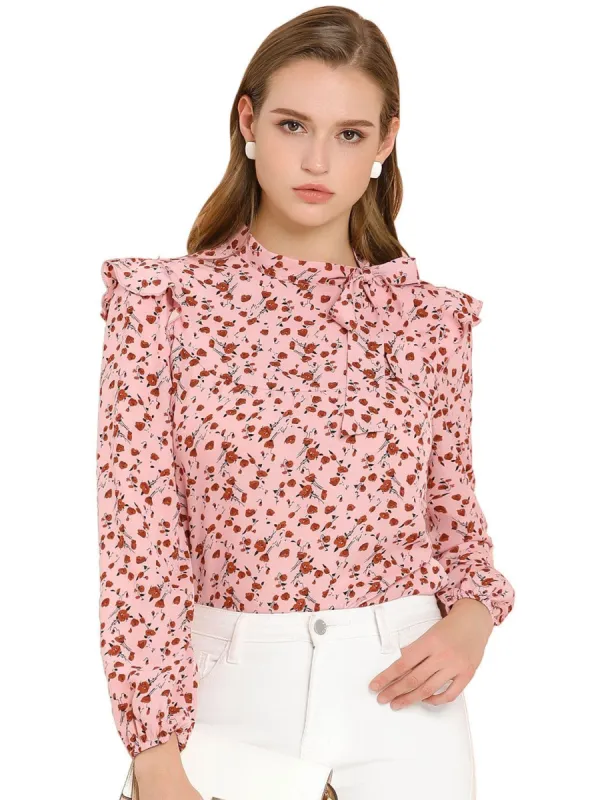 Women's Side Bow Tie Neck Long Sleeve Ruffled Floral Blouse sold by Allegra K