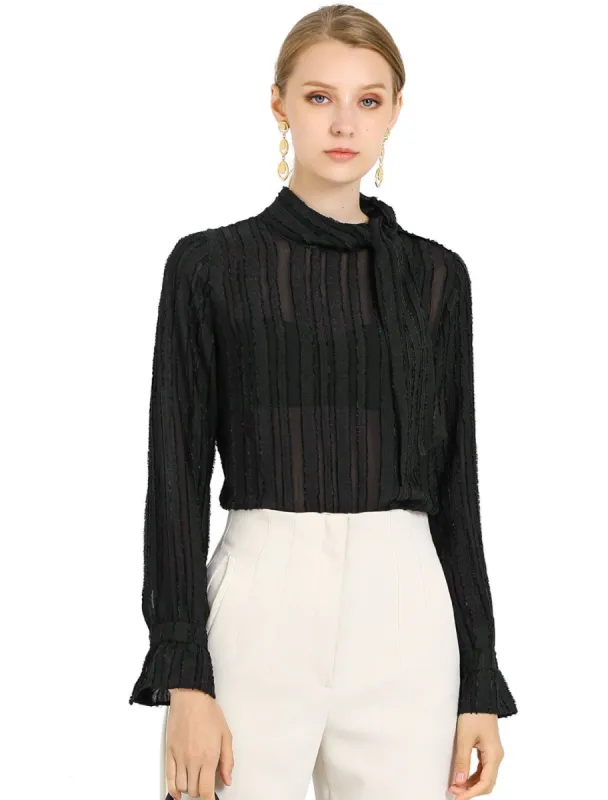 Women's Tie Neck Long Sleeve Textured Chiffon Blouse Top sold by Allegra K