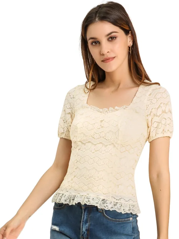 Women's Ruffle Blouse Sweetheart Neck Dating Lace Top sold by Allegra K