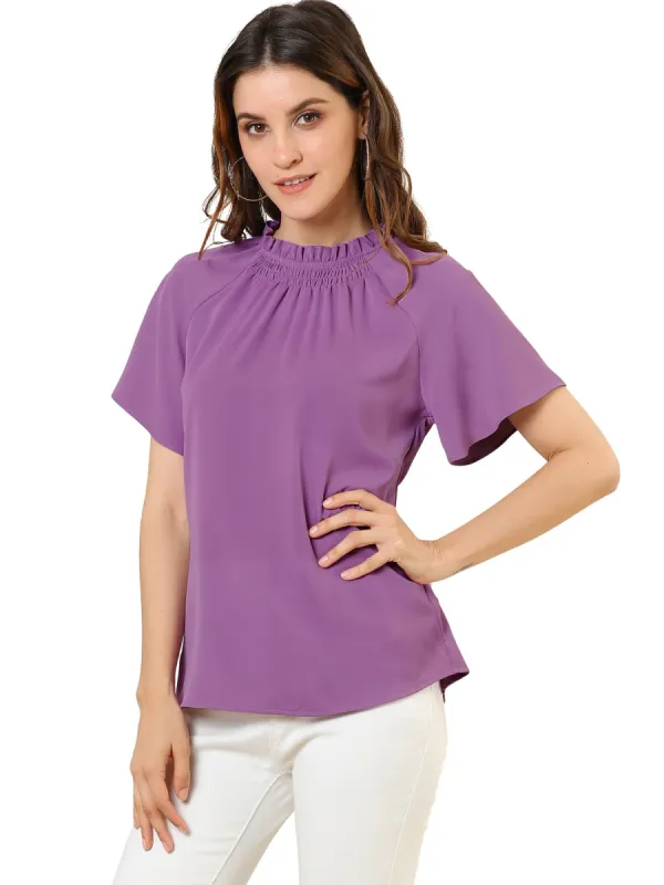 Women's Ruched Ruffle Neckline Casual Short Sleeve Keyhole Back Blouse sold by Allegra K