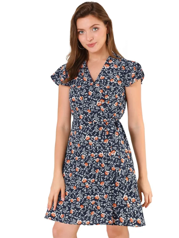 Women's Wrap Front Tulip Sleeve Tie Waist Flare Floral Dress sold by Allegra K