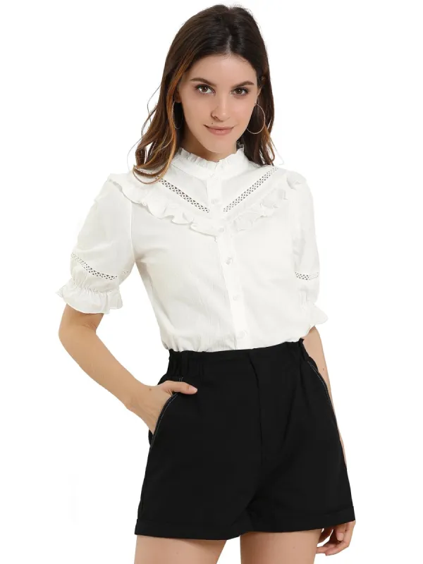 Womens Stand Collar Button Down Shirt Short Sleeve Ruffle Neck Blouse Top sold by Allegra K